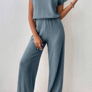 Dusk Blue Ribbed Keyhole Short Sleeve Wide Leg Jumpsuit
