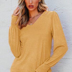 Beige Shirred Shoulder Frilled Cuffs Long Sleeve Top