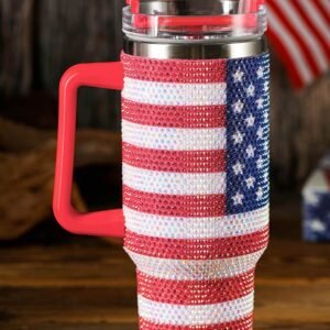 Red Rhinestone American Flag Print Handled 40Oz Thermos Tumbler