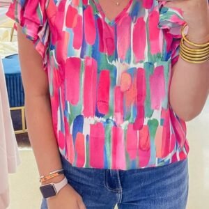 Rose Abstract Brush Print Ruffled Sleeve Frill V Neck Blouse