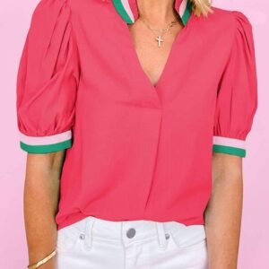 Carrot Colorful Trim V Neck Short Sleeve Blouse