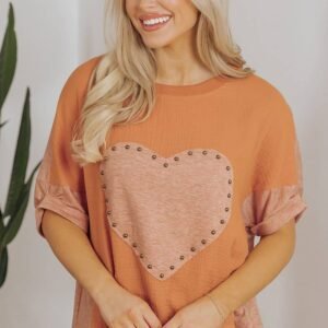 Desert Gold Stud Heart Patch Textured Front Dolman Top