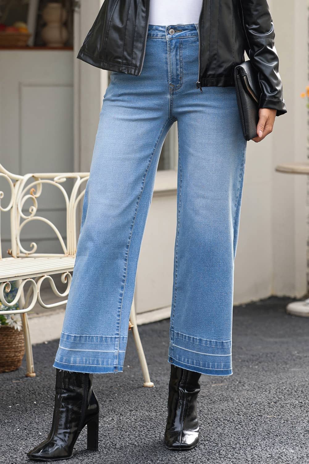 Dusk Blue Raw Hem Straight Leg Loose High Waist Jeans