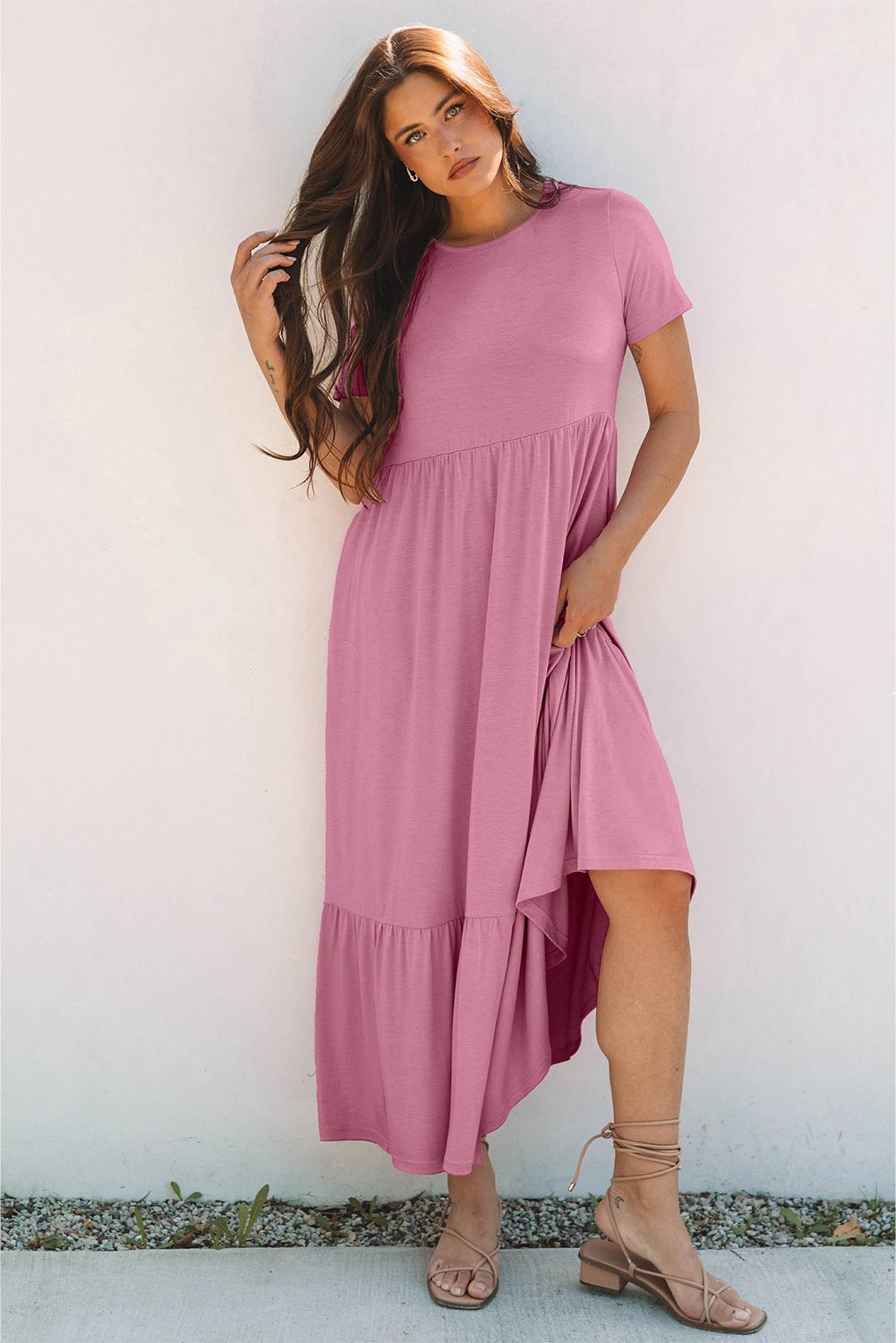 Pink Solid Color T-Shirt High Waist Pocketed Long Dress