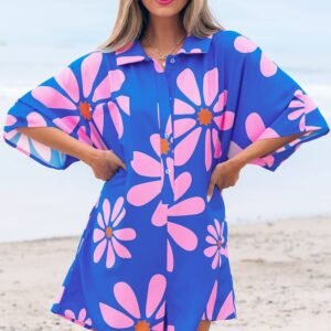 Blue Summer Flower Print Shirt Collar Button Front Loose Romper
