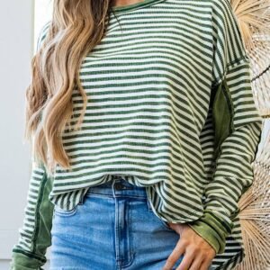 Green Stripe Thermal Knit Drop Shoulder Casual Top