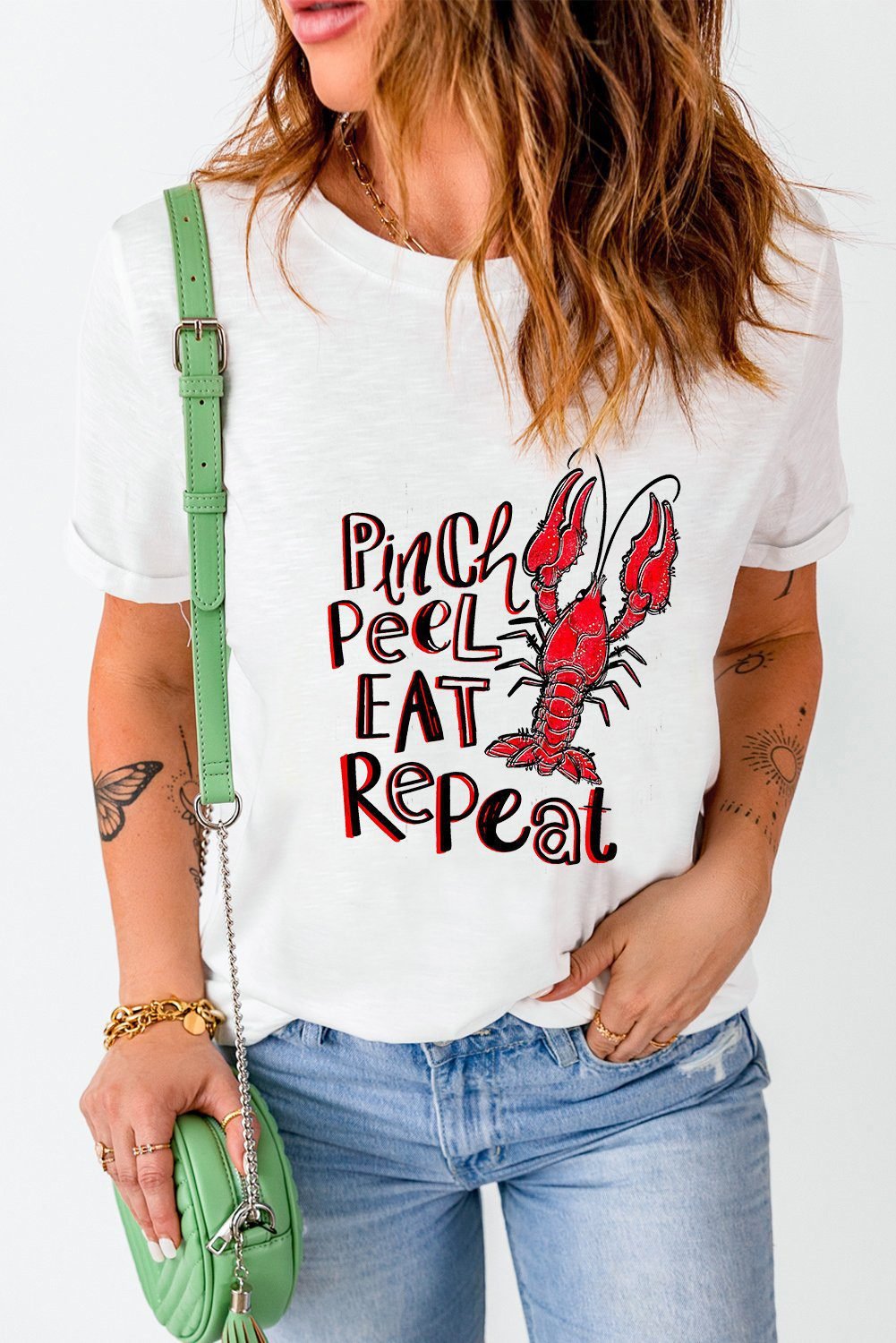 White Pinch Peel Eat Repeat Crawfish Print Crew Neck Tee