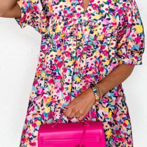 Pink Floral Puff Short Sleeve V Neck Mini Dress