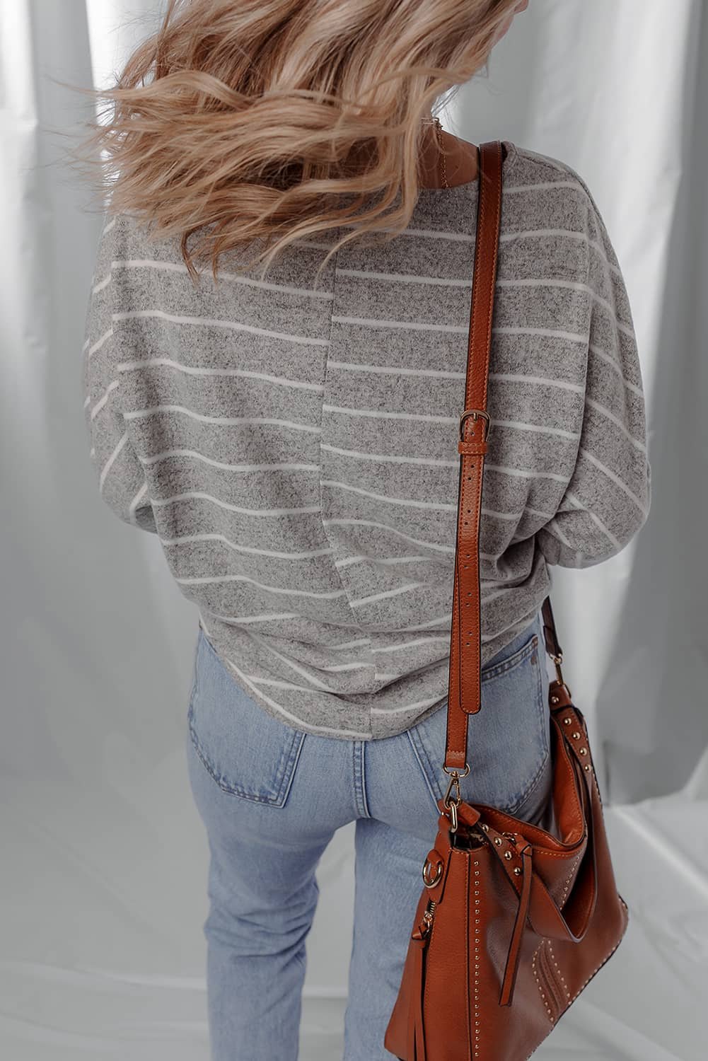 Gray Stripe Dolman Sleeve Drop Shoulder Top