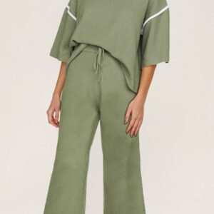 Guacamole Green Contrast Trim Half Sleeve Top Drawstring Pants Loose 2Pcs Sweater Suit