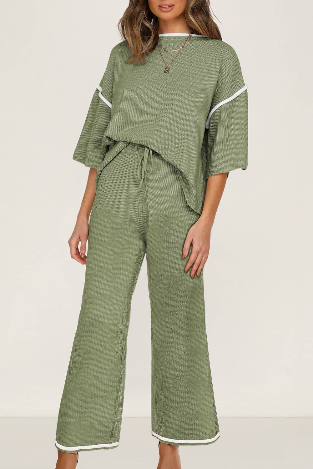 Guacamole Green Contrast Trim Half Sleeve Top Drawstring Pants Loose 2Pcs Sweater Suit
