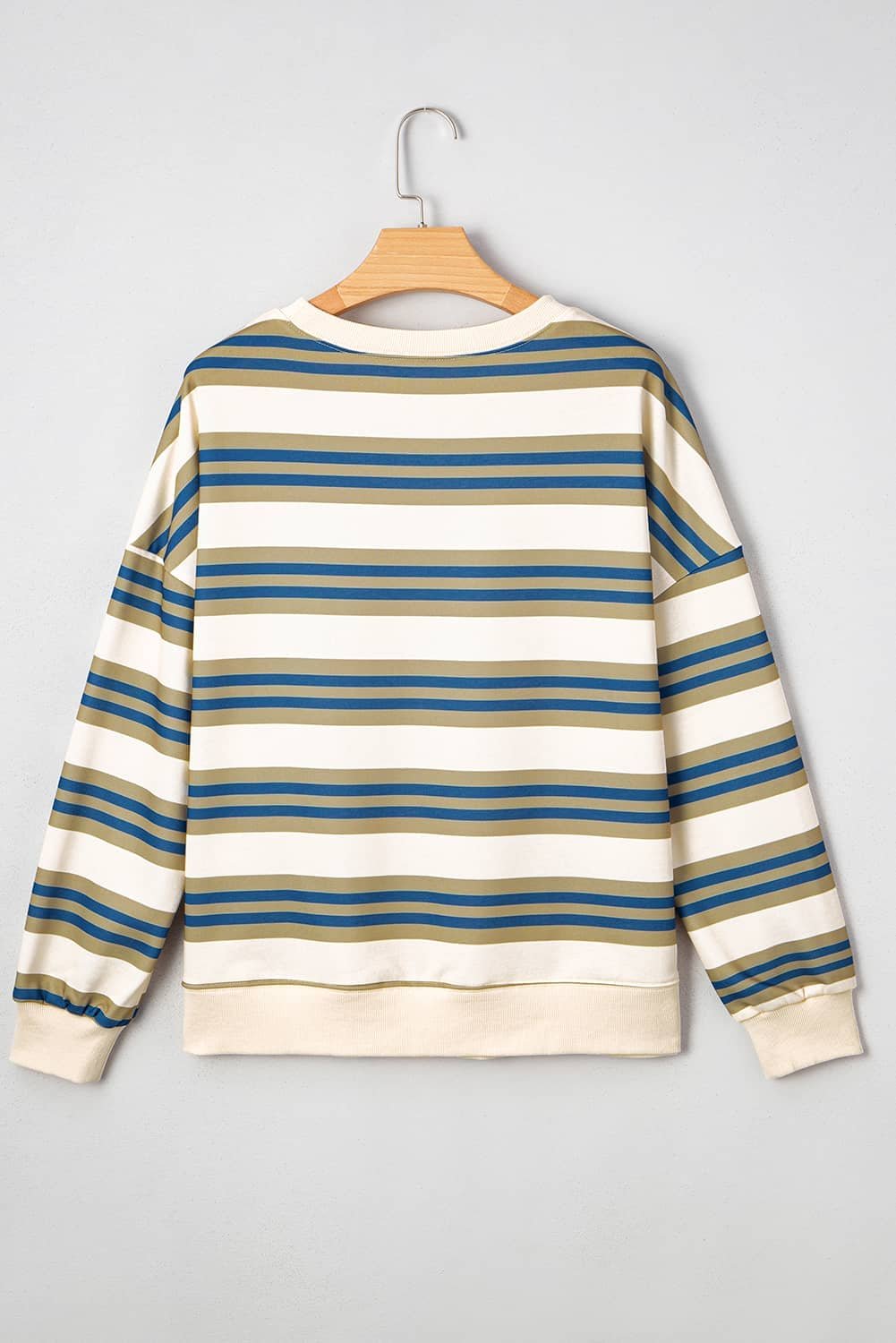 Khaki Stripe Crew Neck Drop Shoulder Pullover Sweatshirt