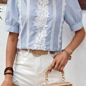Sky Blue Stripe Floral Lace Splicing Puff Sleeve Blouse