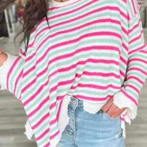 Rose Stripe Oversized Drop Shoulder Sweater With Pocket