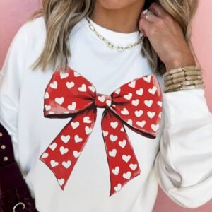 White Heart Bow Printed Round Neck Valentines Pullover Sweatshirt