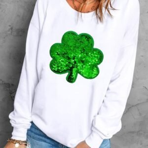 White Sequin Clover Embroidered Drop Shoulder Sweatshirt