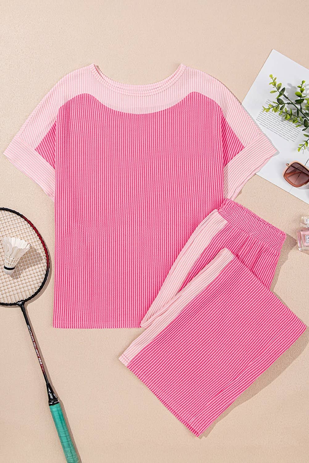 Sachet Pink 2-Tone Colorblock Patchwork Corded 2Pcs Outfit