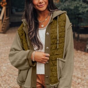 Jungle Green Quilted Textured Patchwork Loose Fit Hooded Jacket