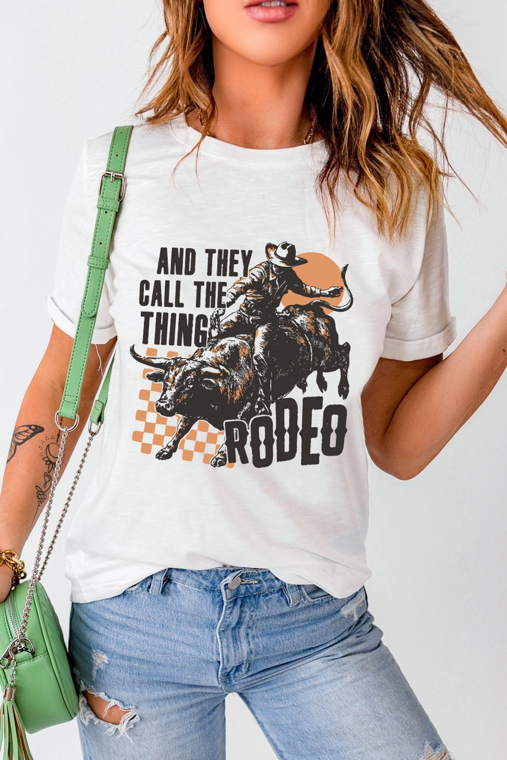 White And They Call The Thing Rodeo Graphic Crewneck Tee