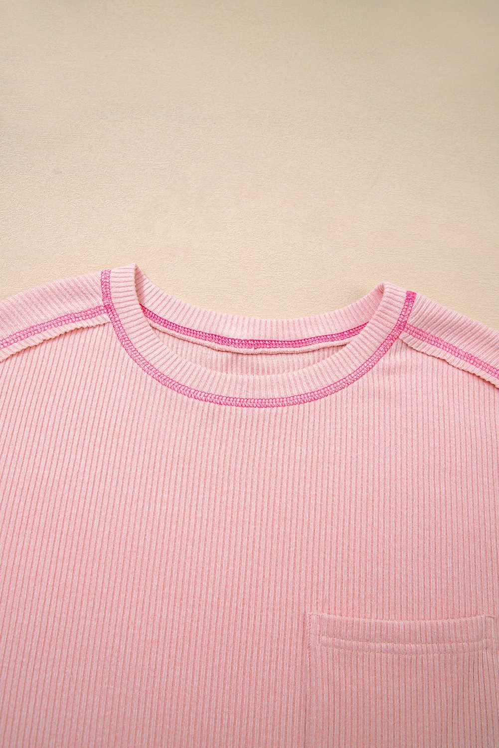 Bonbon Ribbed Exposed Seam Round Neck Chest Pocket Plus Knit Top