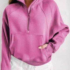 Bonbon Fleece Lined Zip Up Stand Collar Thumbhole Sleeve Sweatshirt