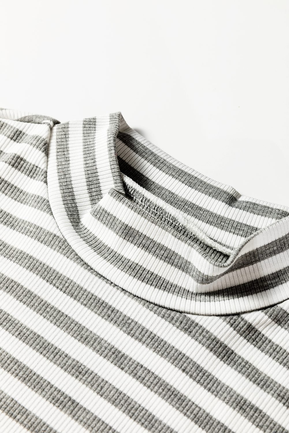 Gray Stripe Ribbed High Neck Slim Fit Long Sleeve Top