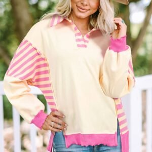 Pink Stripe Colorblock Patchwork Collared French Terry Knit Top