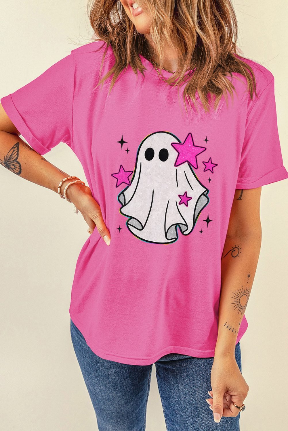 Sachet Pink Glitter Ghost Graphic Halloween T Shirt
