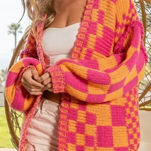 Multicolor Open Front Mixed Checkered Pattern Knit Cardigan
