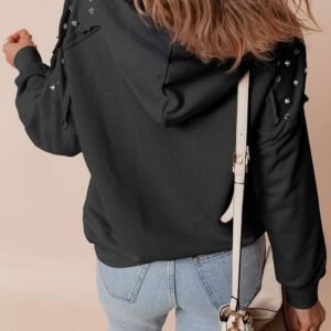 Black Solid Color Rivet Stud Raglan Sleeve Hoodie With Pocket