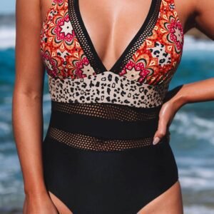Multicolor Floral Leopard Splicing Color Block Mesh One Piece Swimsuit