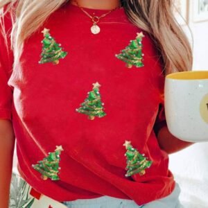 Red Sequined Christmas Tree Graphic Crewneck T Shirt