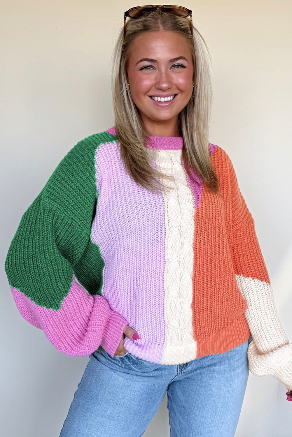 Desert Gold Color Block Textured Knit Drop Shoulder Loose Fit Sweater