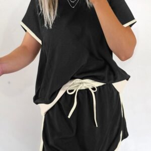 Black Colorblock Edge Drop Shoulder T Shirt And Skort 2Pcs Set
