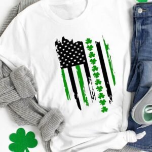 White St. Patricks Clover American Flag Print Crewneck Tee