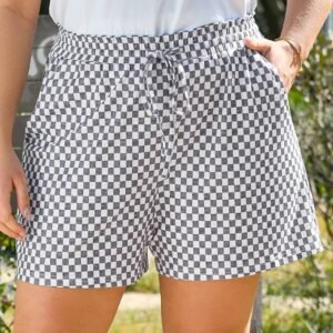 Gray Checkerboard Lace-Up High Waist Plus Size Casual Shorts