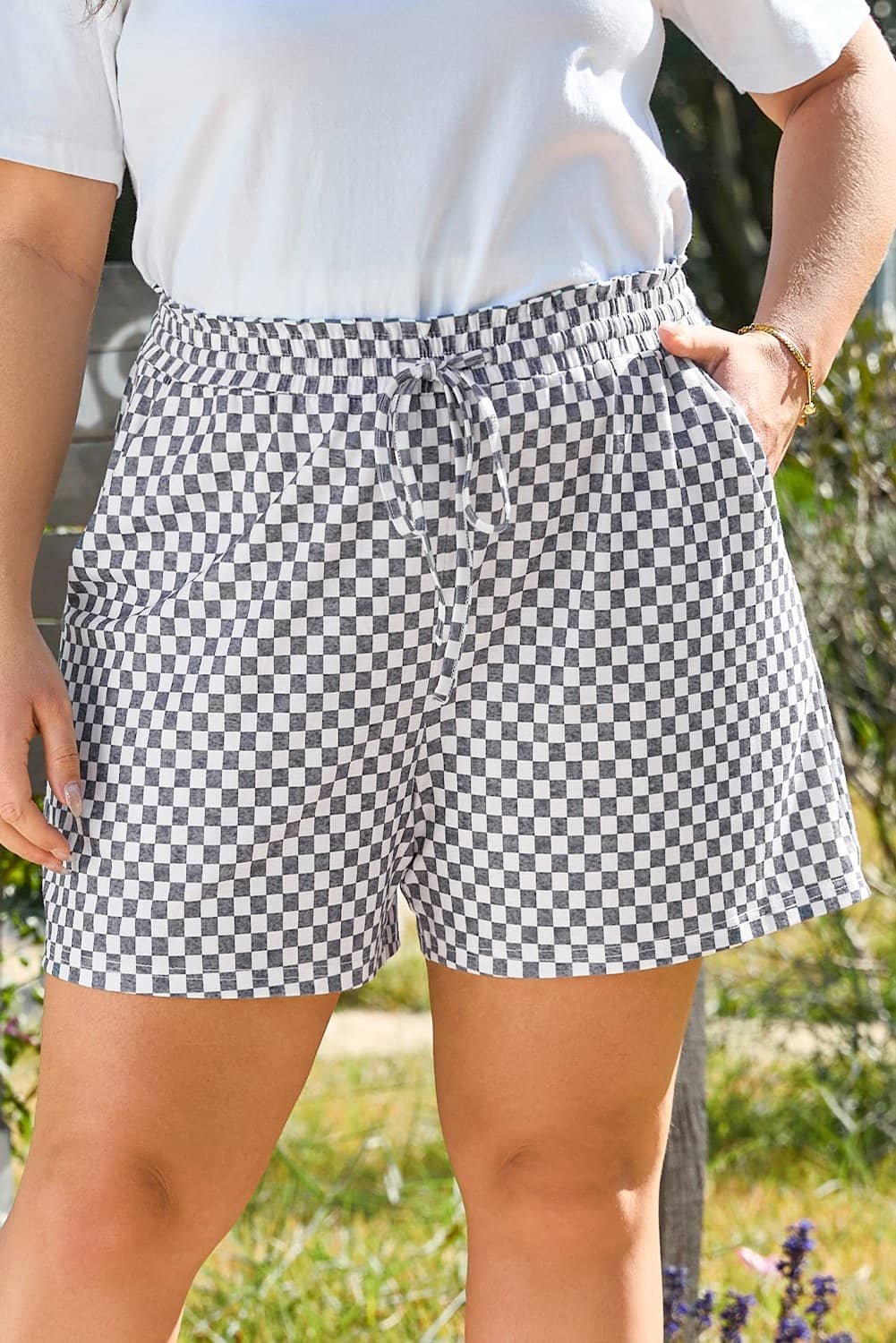 Gray Checkerboard Lace-Up High Waist Plus Size Casual Shorts