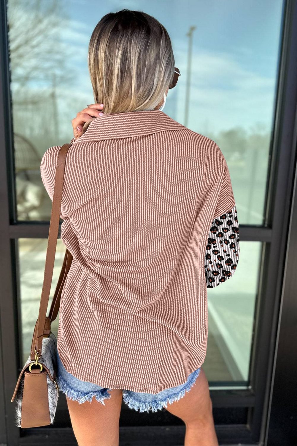 Dark Khaki Leopard Patched Twisted Ribbed Western Casual Shacket