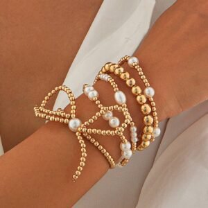 Gold Bow Knot Pearl Beaded Multi Layered Bracelet Set