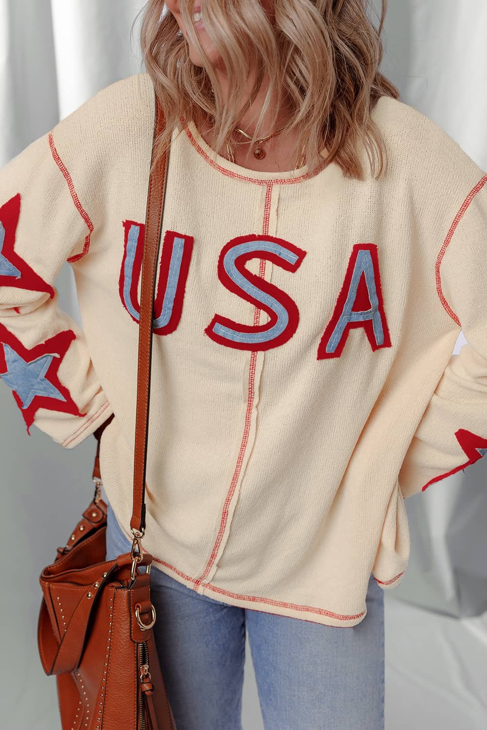 Beige Usa Star Contrast Patchwork Exposed Seam Long Sleeve Top
