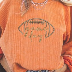 Orange Rugby Game Day Embroidered Corduroy Sweatshirt