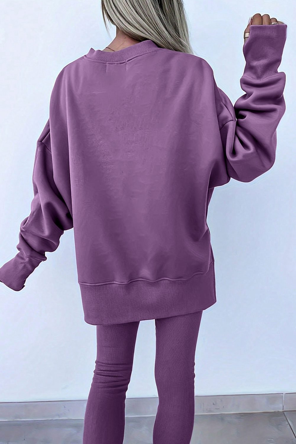 Orchid Mist Solid Color Oversize Slit Sweatshirt Ribbed Leggings 2Pcs Set