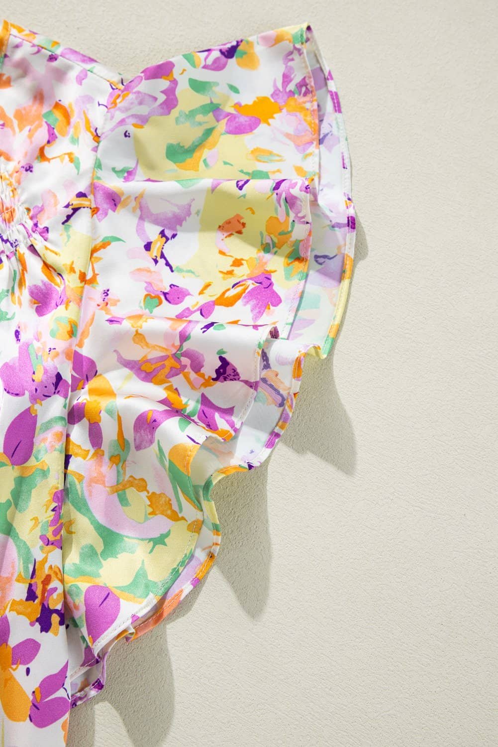 Purple Abstract Printed Ruffled Short Sleeve Notched Neck Blouse