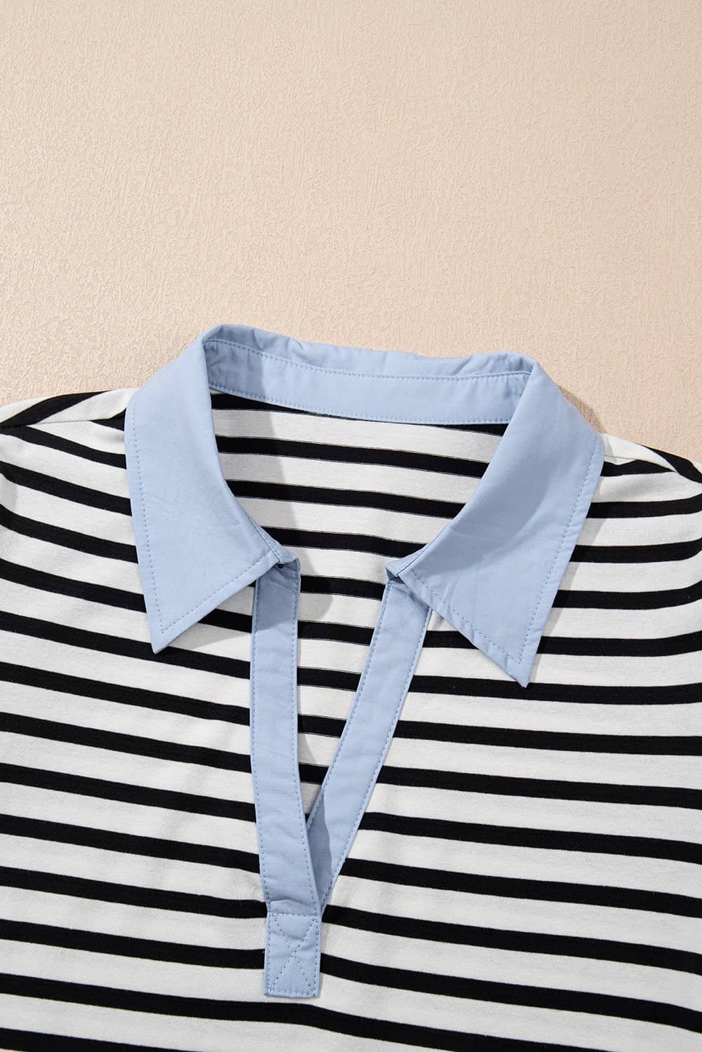 Black Stripe Contrast V Neck Collared Puff Sleeve T Shirt Mini Dress With Pockets