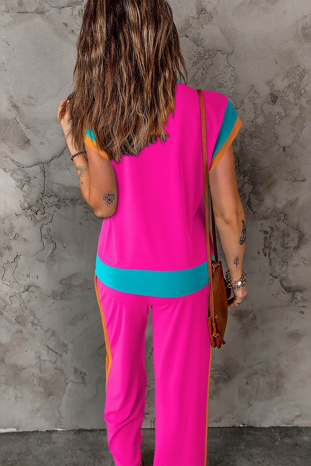 Strawberry Pink Color Block Detail Casual Two-Piece Set