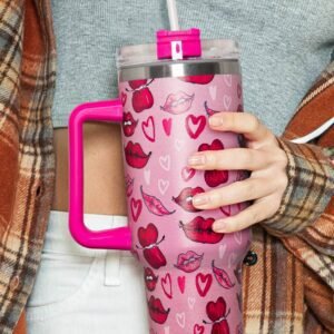 Rose Red Valentines Hearts And Kisses Print Thermos Cup