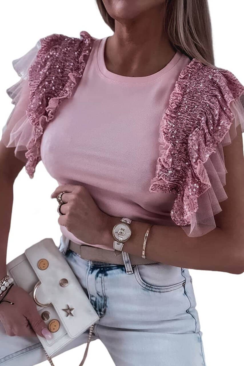 Pink Sequined Ruffle Mesh Sleeves Top