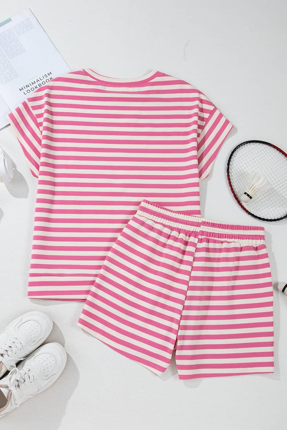 Rose Stripe Crew Neck T Shirt And Drawstring Shorts Set