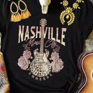 Black Nashville Music City Leopard Guitar Graphic T Shirt