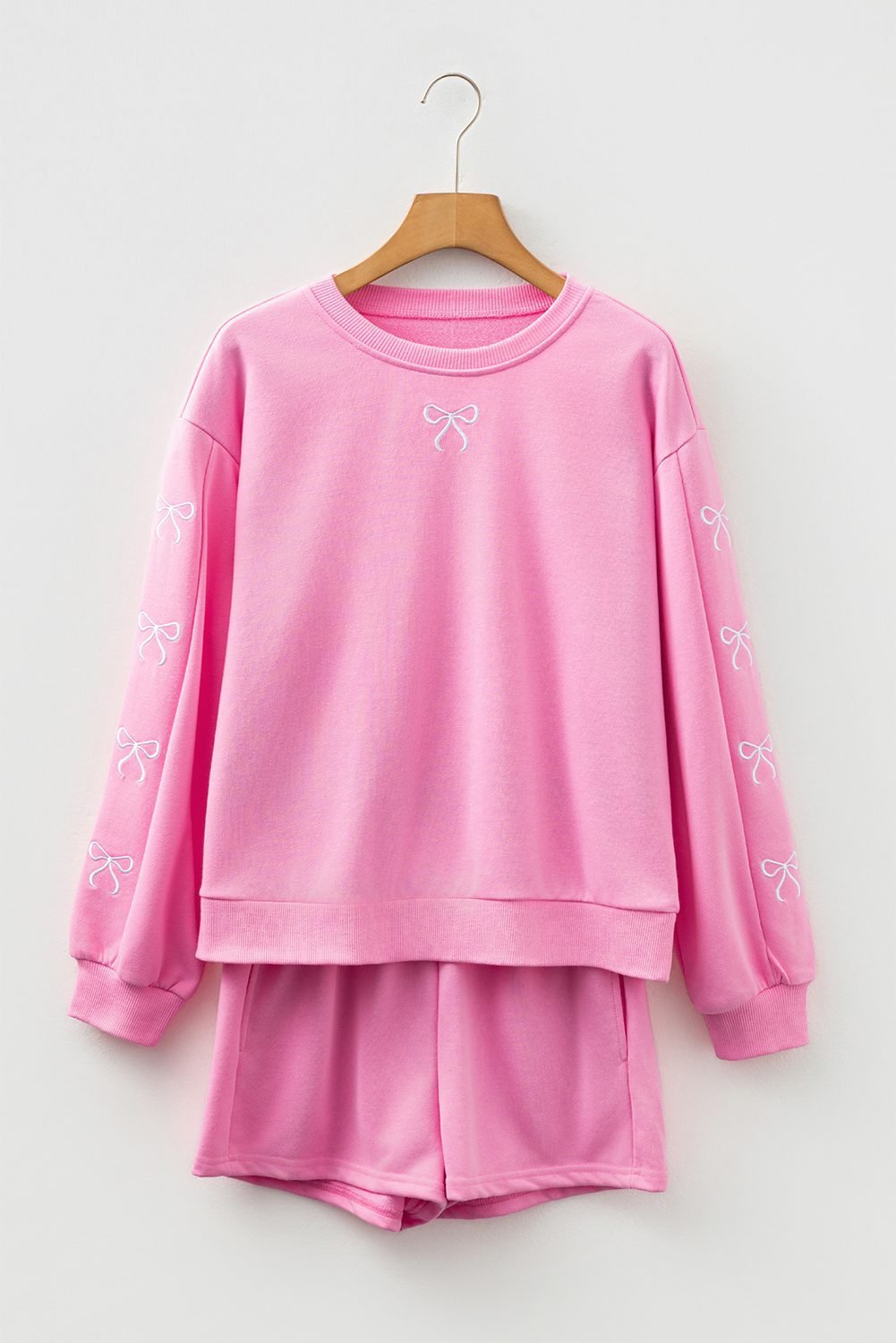 Sachet Pink Girly Bow Embroidered Detail Puff Sleeve Pullover 2Pcs Short Set